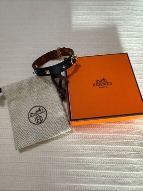Hermes Black Leather Studded Bracelet with Gold Hardware